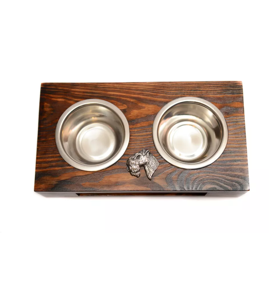 Kerry Blue Terrier, Irish Blue Terrier I - wooden stand with bowls for a dog, steel dog bowls, a gift for adopting a dog from the Art-Dog brand
