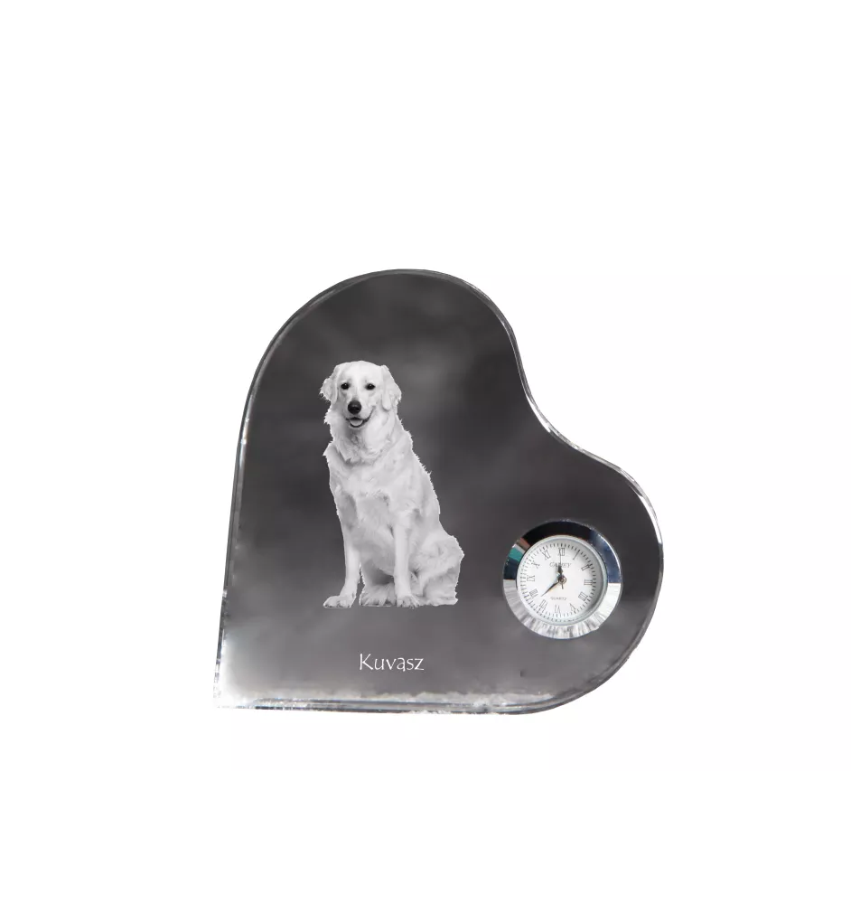 Kuvasz - horloge en cristal avec une photo de chien, horloge de table en forme de cœur, horloge debout personnalisée de la marque Art-Dog