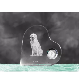 Kuvasz - crystal clock with a dog picture, heart-shaped shelf clock, personalized standing clock by Art-Dog brand