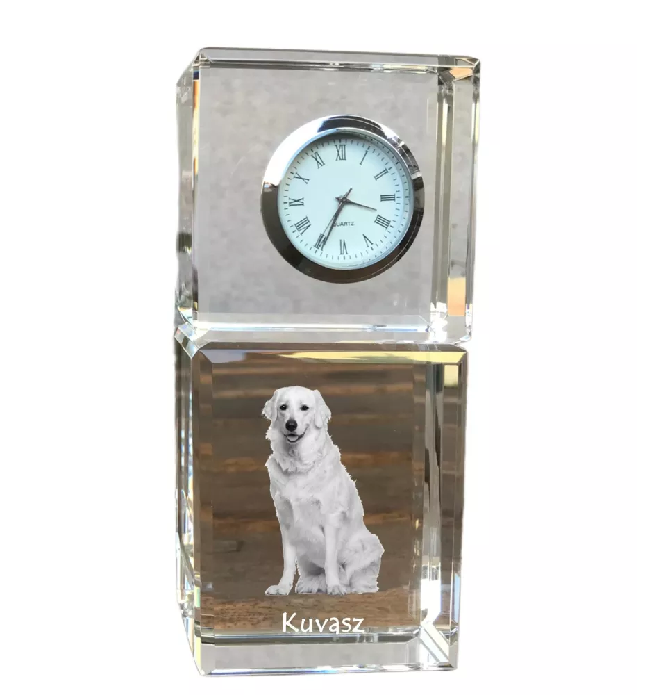 Kuvasz - montre en cristal avec photo, photo de chien dans un cristal, horloge de bureau personnalisée de la marque Art-Dog