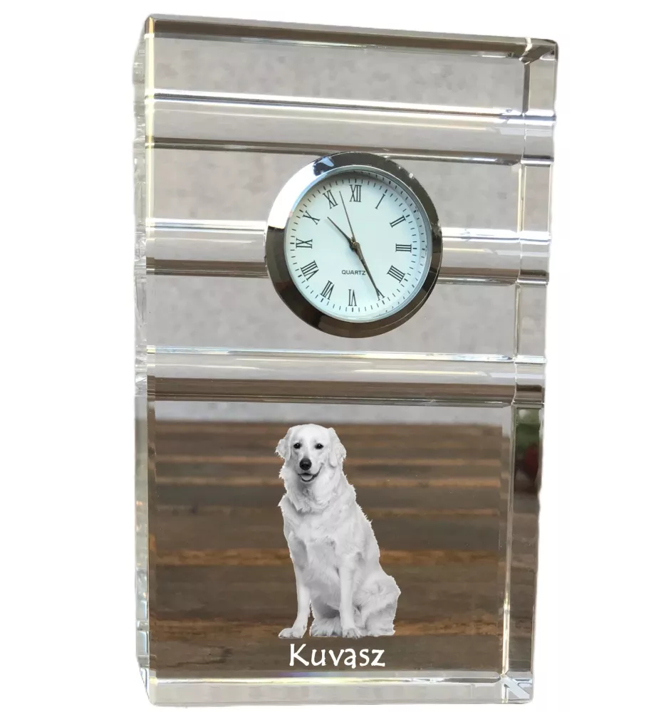 Kuvasz - Glasuhr mit Foto, Foto eines Hundes im Kristall, personalisierte Tischuhr für das Büro der Marke Art-Dog
