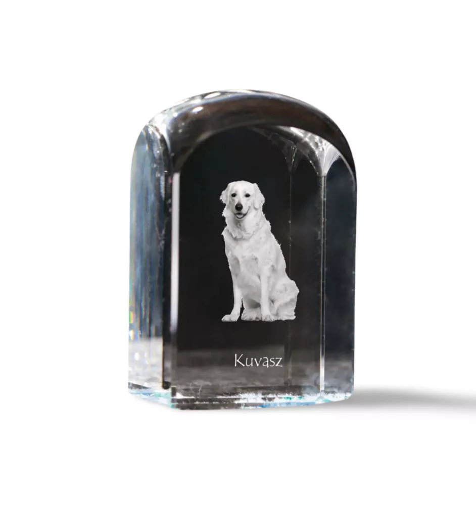 Kuvasz - crystal cube with a photo, photo of a dog in crystal, cubic paperweight from Art-Dog brand