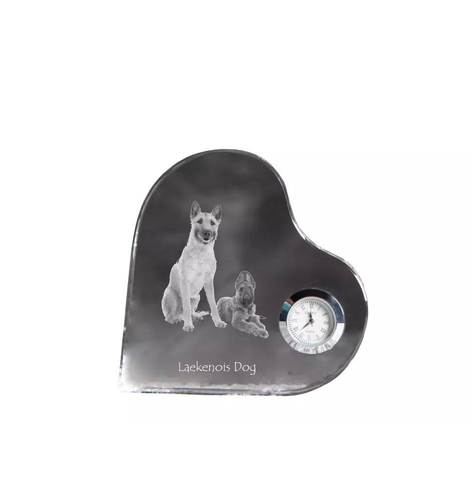 Laekenois chien de berger belge - horloge en cristal avec une photo de chien, horloge de table en forme de cœur, horloge debout personnalisée de la marque Art-Dog