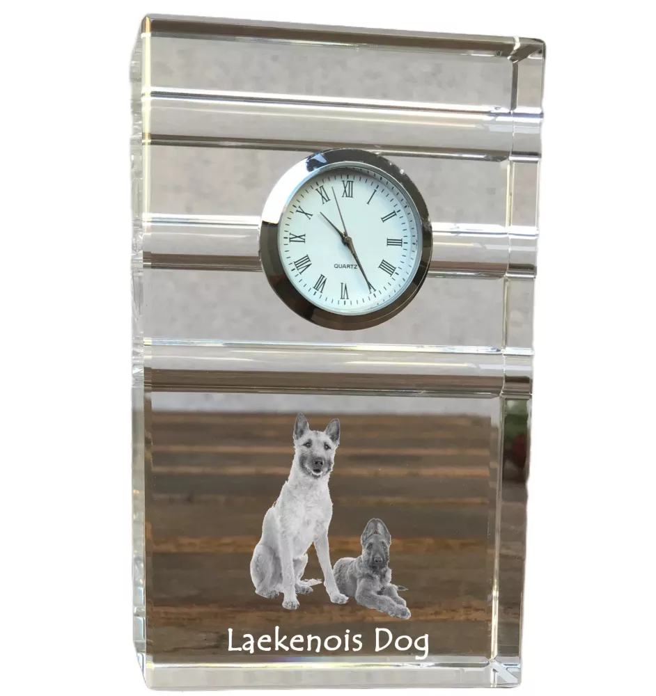 Laekenois Belgischer Schäferhund - Glasuhr mit Foto, Foto eines Hundes im Kristall, personalisierte Tischuhr für das Büro der Marke Art-Dog