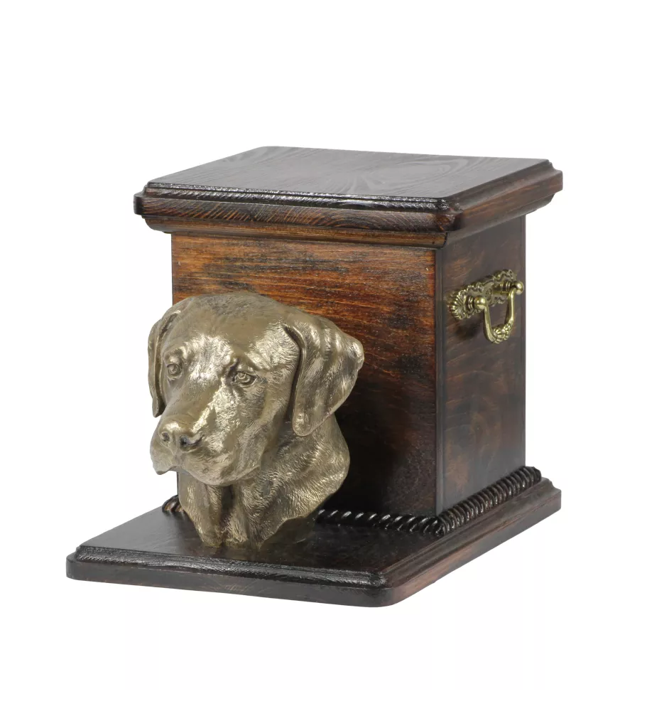 Labrador Retriever - Eine Urne für die Asche eines Hundes mit einer Statuette, eine elegante Urne für einen Hund, eine außergewöhnliche Urne mit dem Porträt eines Hundes von der Marke Art-Dog.