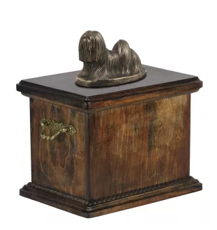 Lhasa Apso, Lhasaterrier, Löwenhund eine Urne für die Asche des Hundes, eine Urne mit einer Statue, eine elegante Urne im klassischen Stil der Marke Art-Dog