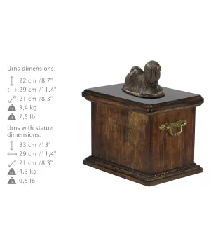 Lhasa Apso, Lhasaterrier, Löwenhund eine Urne für die Asche des Hundes, eine Urne mit einer Statue, eine elegante Urne im klassischen Stil der Marke Art-Dog