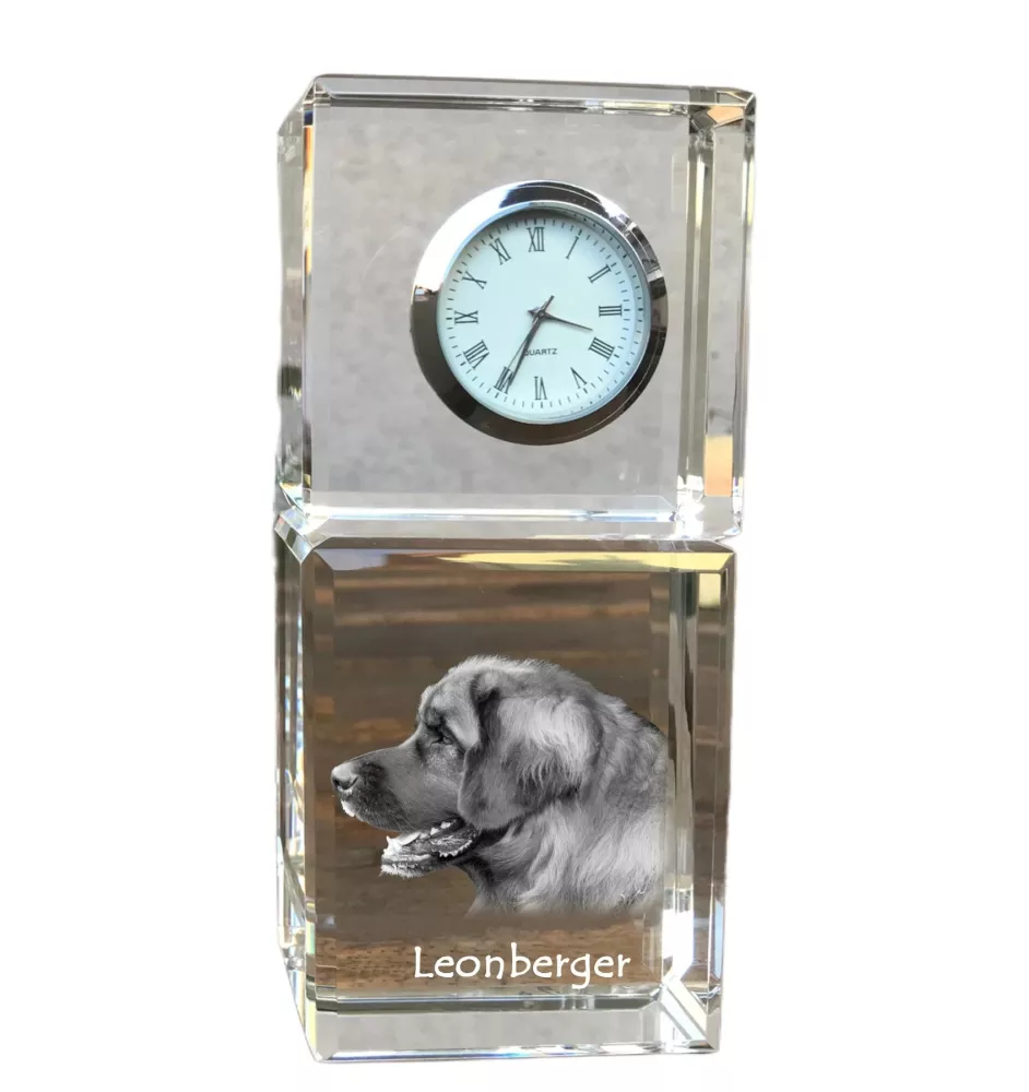 Leonberger - Kristalluhr mit Foto, Hundebild im Kristall, personalisierte Schreibtischuhr von Art-Dog.
