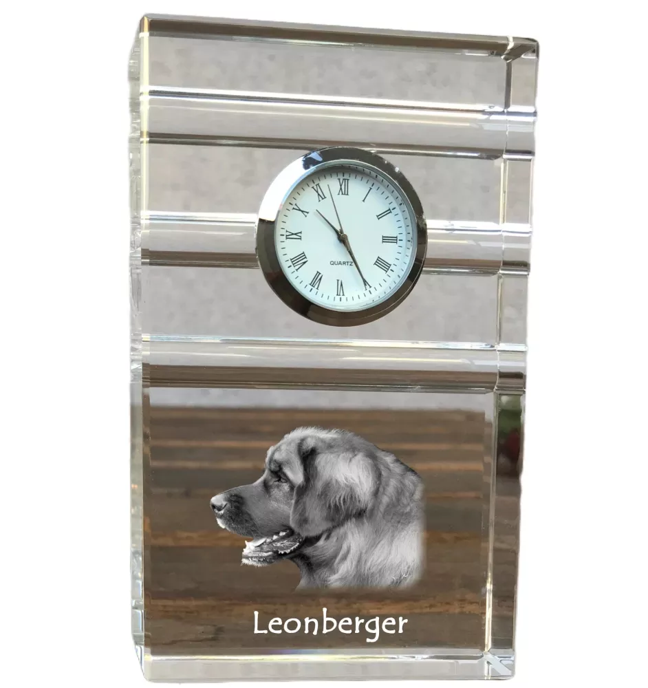 Leonberger - Glasuhr mit Foto, Foto eines Hundes im Kristall, personalisierte Tischuhr für das Büro der Marke Art-Dog