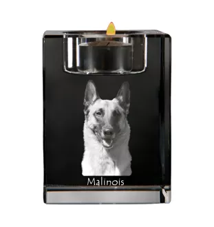Malinois Belgian Shepherd Dog - Candle holder with dog photo, crystal tealight holder, personalised gift by Art-Dog brand