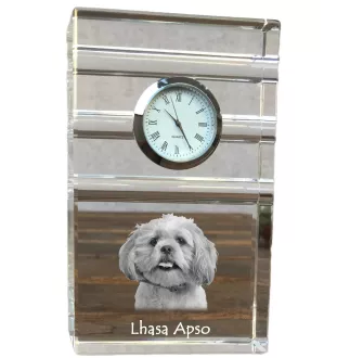 Lhasa Apso, Lhasaterrier, Löwenhund - Glasuhr mit Foto, Foto eines Hundes im Kristall, personalisierte Tischuhr für das Büro der Marke Art-Dog