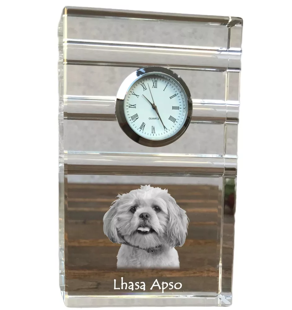 Lhasa Apso - glass clock with a photo, photo of a dog in crystal, personalized standing office clock by Art-Dog brand