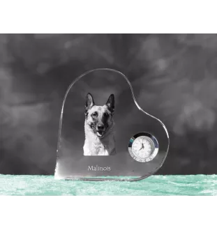 Malinois chien de berger belge - horloge en cristal avec une photo de chien, horloge de table en forme de cœur, horloge debout personnalisée de la marque Art-Dog