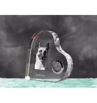 Malinois chien de berger belge - horloge en cristal avec une photo de chien, horloge de table en forme de cœur, horloge debout personnalisée de la marque Art-Dog