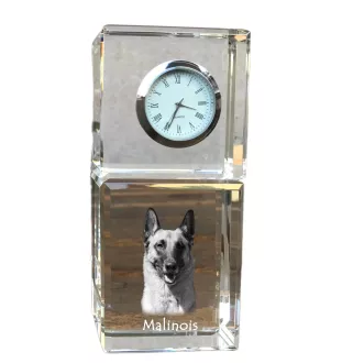 Malinois Belgian Shepherd Dog - crystal clock with a photo, a photo of a dog in crystal, personalized desk clock by Art-Dog brand