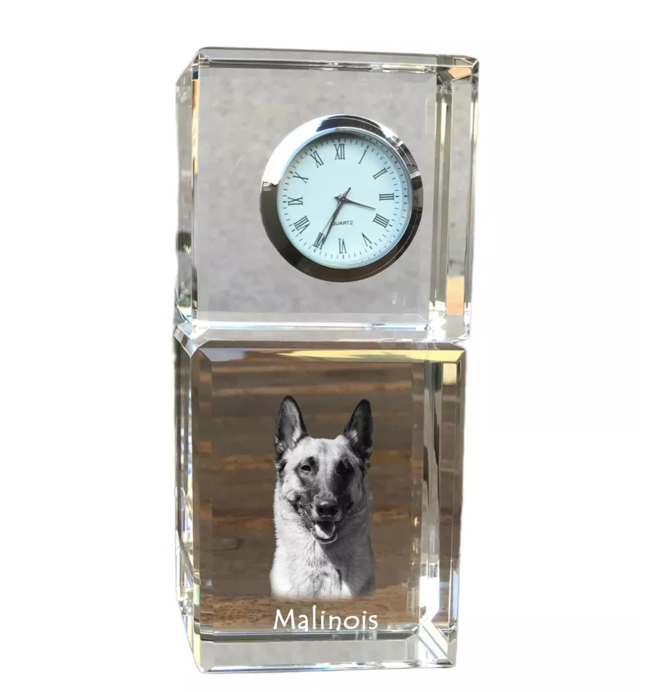 Malinois Belgian Shepherd Dog - crystal clock with a photo, a photo of a dog in crystal, personalized desk clock by Art-Dog brand