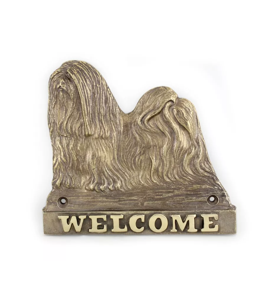 Lhasa Apso - une plaque de porte avec un chien, une plaque de bienvenue en laiton, une enseigne exceptionnelle avec l'inscription Welcome de la marque Art-Dog