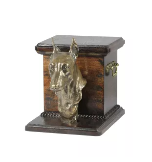 Zwergpinscher - Eine Urne für die Asche eines Hundes mit einer Statuette, eine elegante Urne für einen Hund, eine außergewöhnliche Urne mit dem Porträt eines Hundes von der Marke Art-Dog.