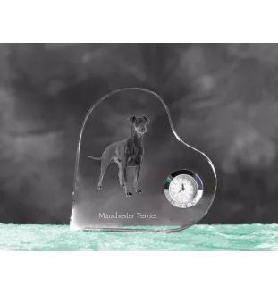 Manchester Terrier - crystal clock with a dog picture, heart-shaped shelf clock, personalized standing clock by Art-Dog brand