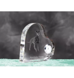 Manchester Terrier - crystal clock with a dog picture, heart-shaped shelf clock, personalized standing clock by Art-Dog brand
