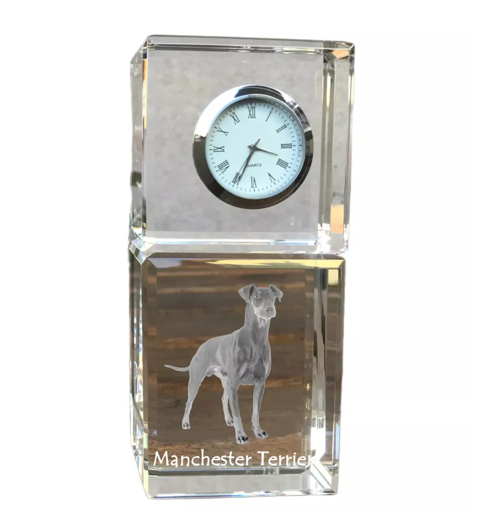 Manchester Terrier - crystal clock with a photo, a photo of a dog in crystal, personalized desk clock by Art-Dog brand