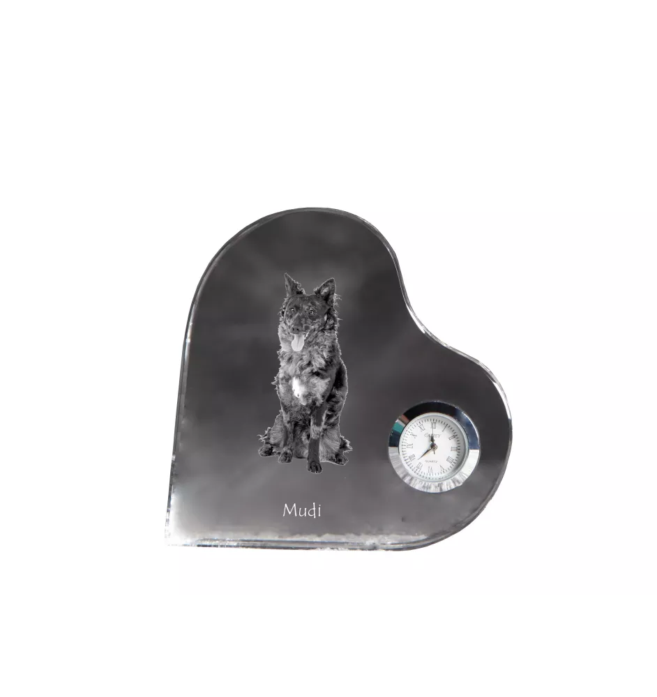 Mudi - horloge en cristal avec une photo de chien, horloge de table en forme de cœur, horloge debout personnalisée de la marque Art-Dog