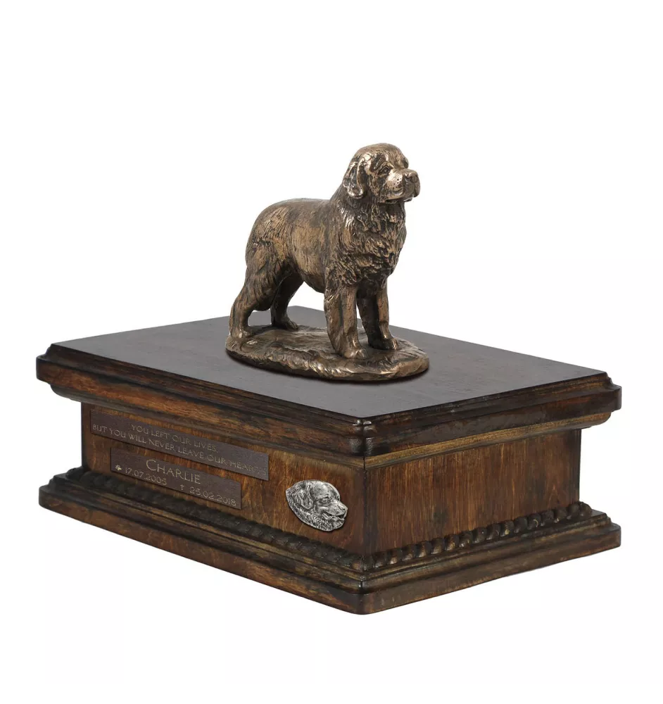 Newfoundland, Newfs, Newfies - urn for dog ashes, personalized urn with a statue, wooden urn with a dog by Art-Dog brand