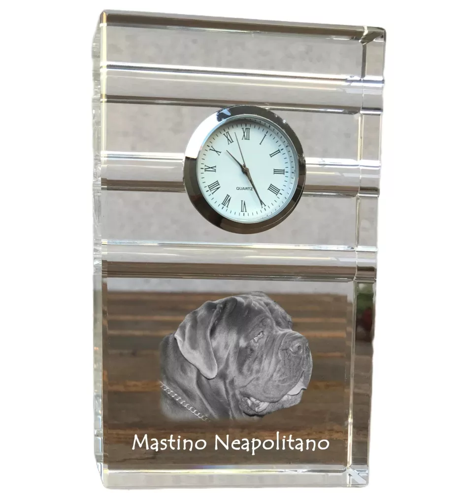 Neapolitan Mastiff, Mastino Napoletano - glass clock with a photo, photo of a dog in crystal, personalized standing office clock by Art-Dog brand