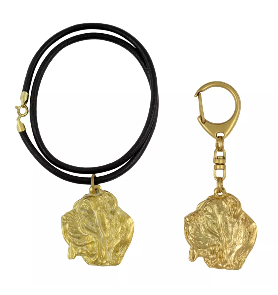 Mâtin napolitain, Mâtin de Naples, Napolitain - porte-clés et collier avec chien dans une boîte, produit plaqué or de haute qualité, marque Art-Dog