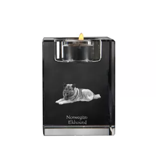 Norwegischer Elchhund, Grahund, Norwegian Elkhound - Kerzenhalter mit Hundefoto, Teelichthalter aus Kristall, personalisiertes Geschenk der Marke Art-Dog