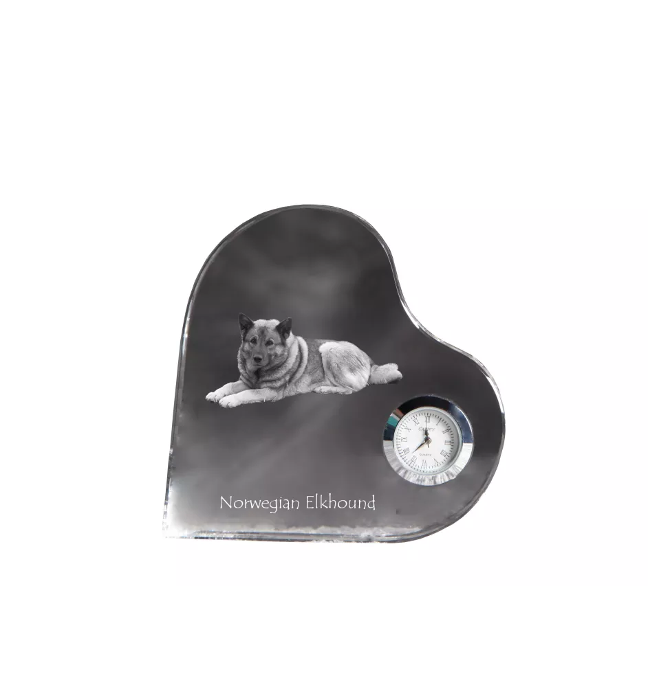 Norwegian Elkhound, Norsk elghund, Gray Norwegian Elkhound - crystal clock with a dog picture, heart-shaped shelf clock, personalized standing clock by Art-Dog brand