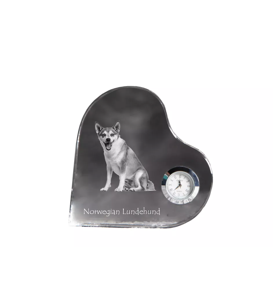 Norwegian Lundehund, Norsk Lundehund - crystal clock with a dog picture, heart-shaped shelf clock, personalized standing clock by Art-Dog brand