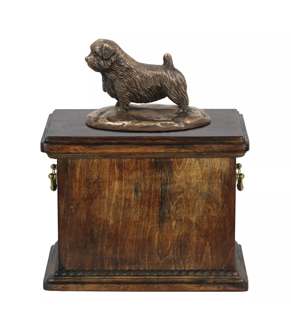 Norfolk Terrier eine Urne für die Asche des Hundes, eine Urne mit einer Statue, eine elegante Urne im klassischen Stil der Marke Art-Dog