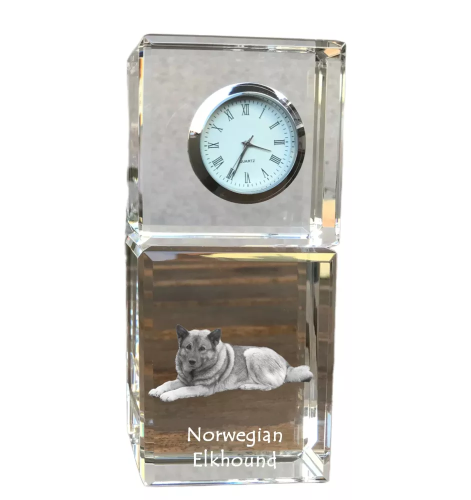 Chien d'élan norvégien - montre en cristal avec photo, photo de chien dans un cristal, horloge de bureau personnalisée de la marque Art-Dog