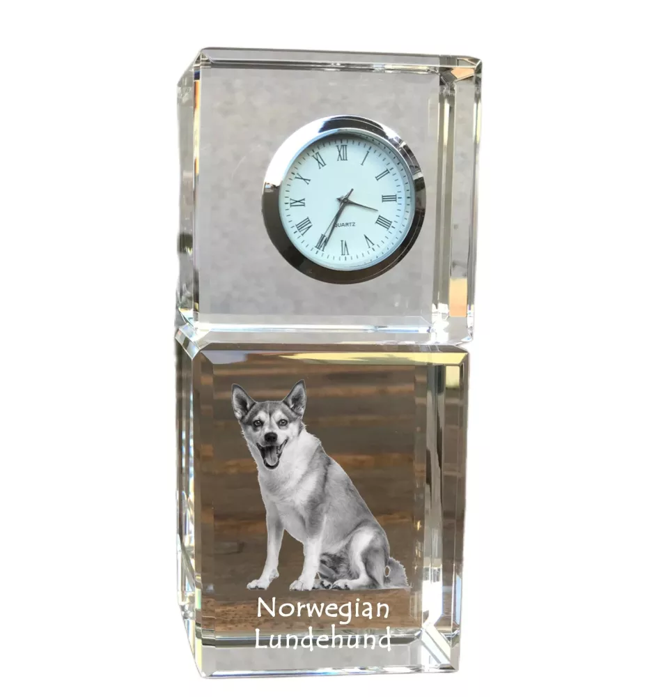 Chien norvégien de macareux, Lundehund - montre en cristal avec photo, photo de chien dans un cristal, horloge de bureau personnalisée de la marque Art-Dog