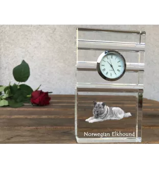 Norwegian Elkhound, Norsk elghund, Gray Norwegian Elkhound - glass clock with a photo, photo of a dog in crystal, personalized standing office clock by Art-Dog brand