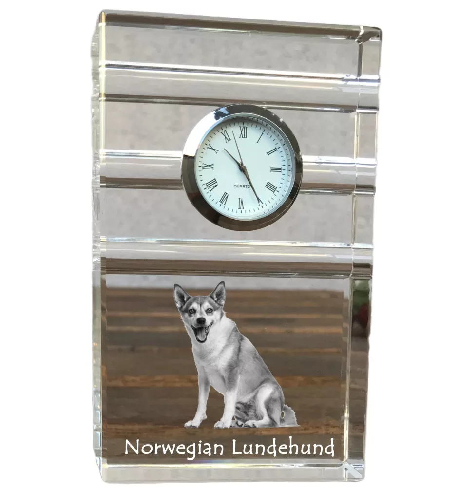Chien norvégien de macareux, Lundehund - une horloge en verre avec une photo, une photo de chien dans un cristal, une horloge de bureau personnalisée de la marque Art-Dog