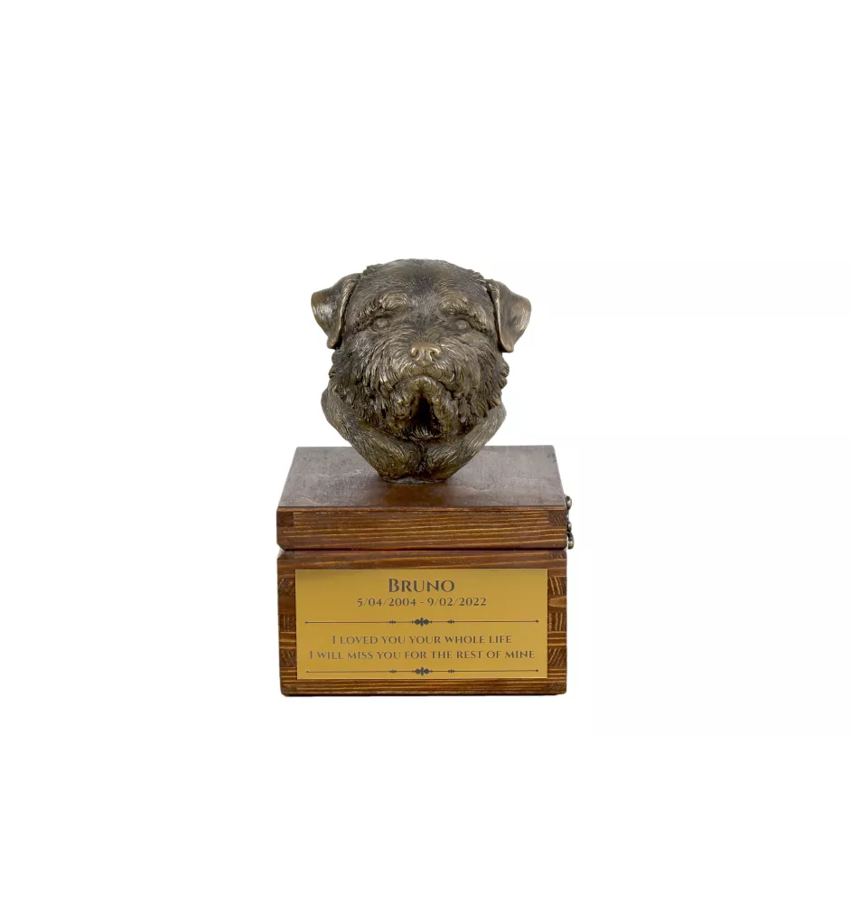Norfolk Terrier - Eine Ascheurne für Hunde mit einer Statuette, eine kleine Urne für Hunde, eine personalisierte Urne mit dem Porträt eines Hundes von der Marke Art-Dog.