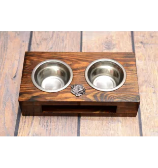Norfolk Terrier - wooden stand with bowls for a dog, steel dog bowls, a gift for adopting a dog from the Art-Dog brand