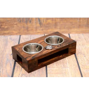 Norfolk Terrier - wooden stand with bowls for a dog, steel dog bowls, a gift for adopting a dog from the Art-Dog brand