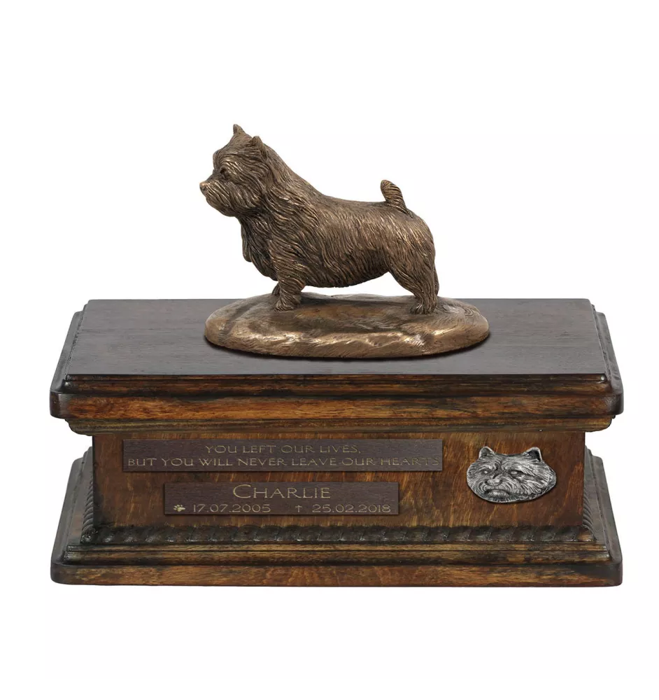 Norwich Terrier urne in Hundeasche, personalisierte Urne mit Statue, Holzurne mit Hund von Art-Dog