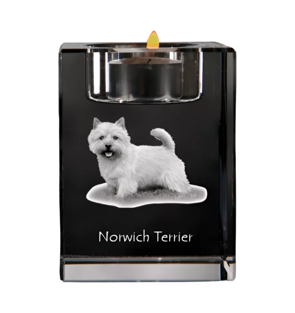 Norwich Terrier, Terrier de Norwich - Bougeoir avec photo de chien, porte bougie en cristal, cadeau personnalisé par la marque Art-Dog