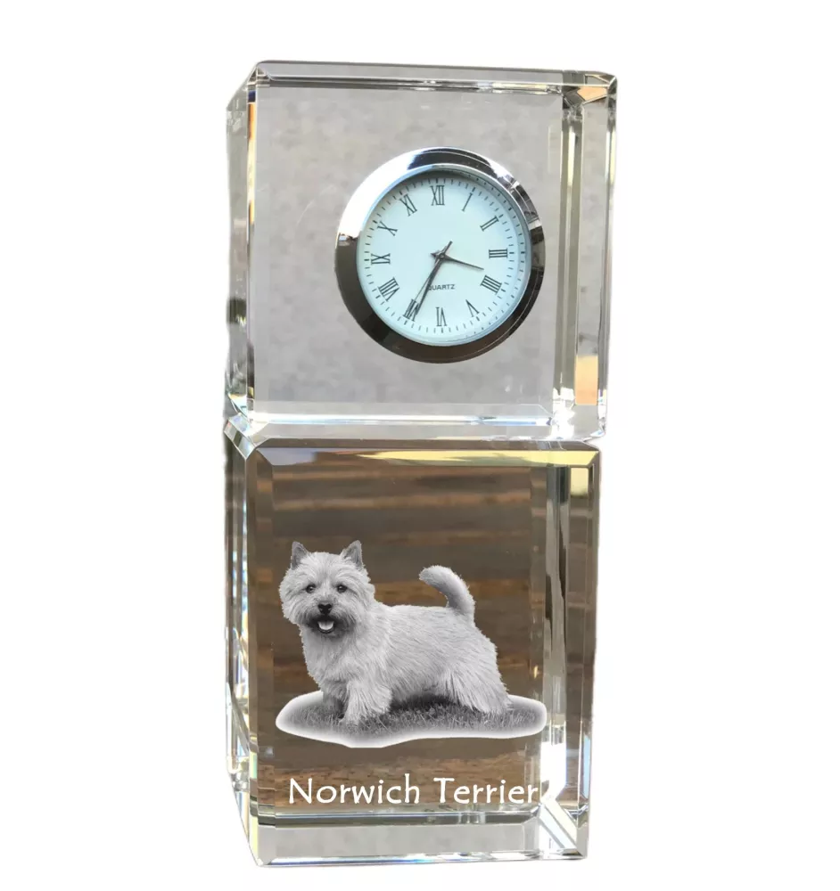 Norwich Terrier - Kristalluhr mit Foto, Hundebild im Kristall, personalisierte Schreibtischuhr von Art-Dog.
