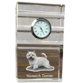 Norwich Terrier, Terrier de Norwich - une horloge en verre avec une photo, une photo de chien dans un cristal, une horloge de bureau personnalisée de la marque Art-Dog