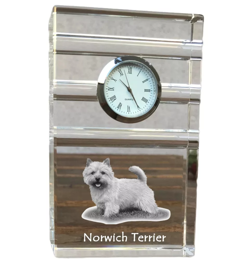 Norwich Terrier, Terrier de Norwich - une horloge en verre avec une photo, une photo de chien dans un cristal, une horloge de bureau personnalisée de la marque Art-Dog