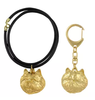 Norwich Terrier, Terrier de Norwich - porte-clés et collier avec chien dans une boîte, produit plaqué or de haute qualité, marque Art-Dog