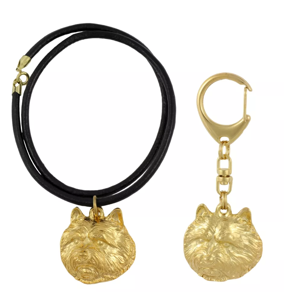 Norwich Terrier, Terrier de Norwich - porte-clés et collier avec chien dans une boîte, produit plaqué or de haute qualité, marque Art-Dog
