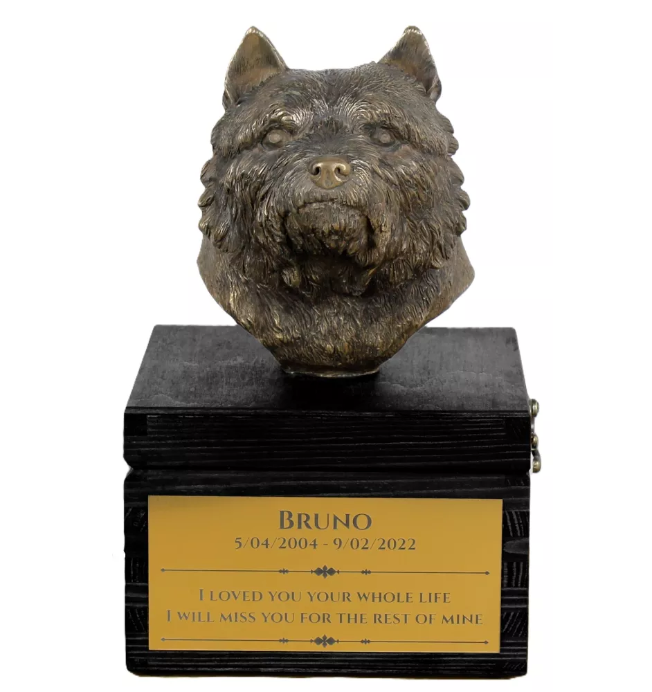 Norwich Terrier - an urn with an engraving and a sculpture of a dog, a handmade product by the Art-Dog brand.