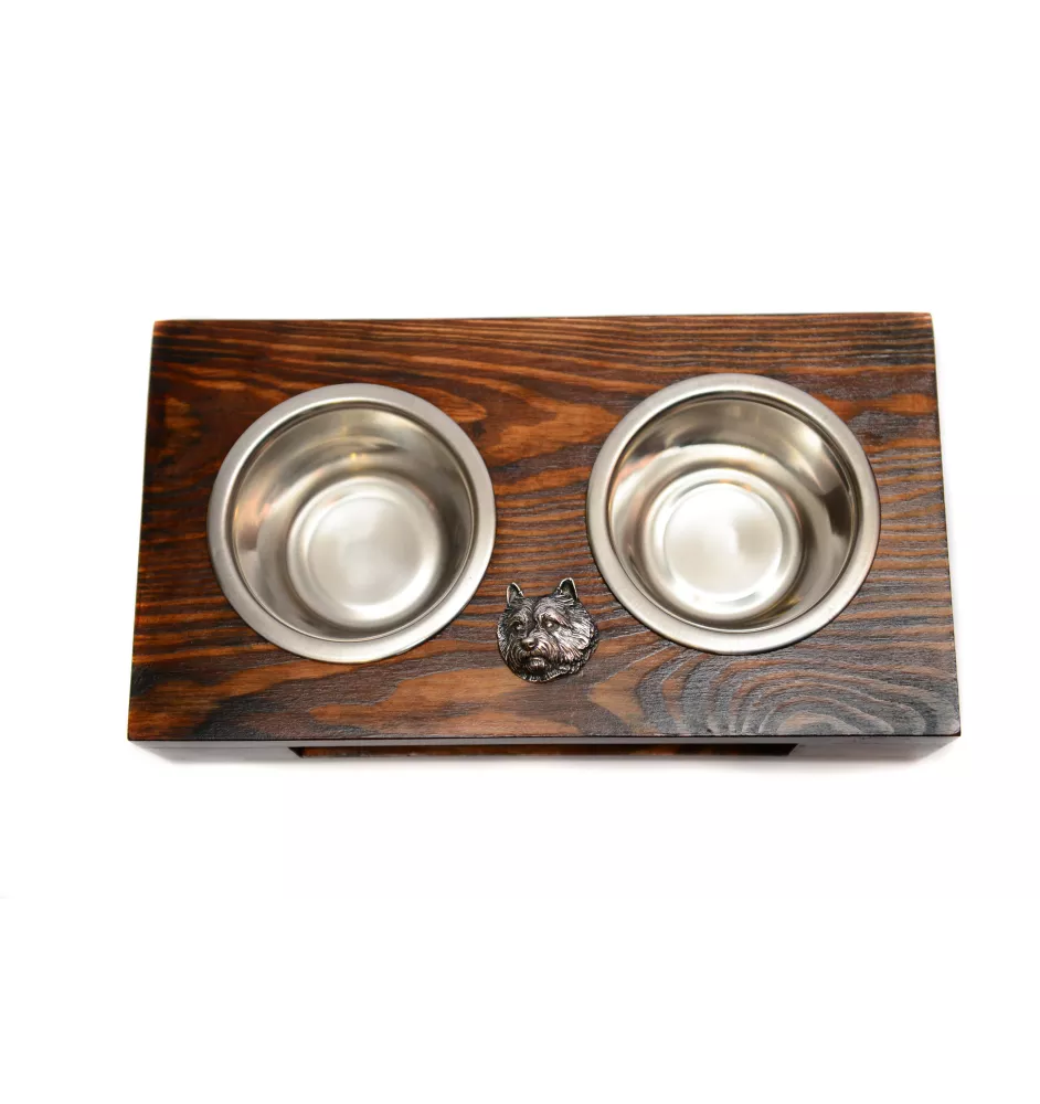 Norwich Terrier - wooden stand with bowls for a dog, steel dog bowls, a gift for adopting a dog from the Art-Dog brand