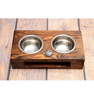 Norwich Terrier - wooden stand with bowls for a dog, steel dog bowls, a gift for adopting a dog from the Art-Dog brand